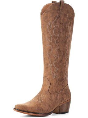 Women's Red Brown Embroidered Pull On Casual Low Heel Pointed Toe Cowgirl Boots